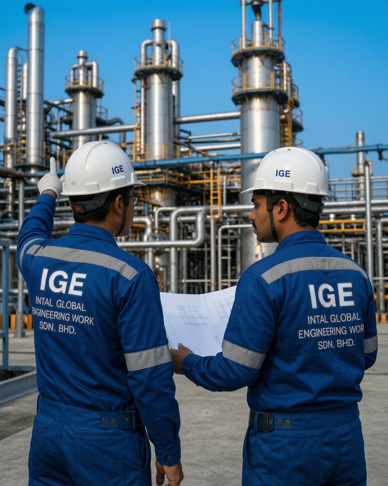 Two IGE engineers in branded navy coveralls reviewing drawings at a process plant